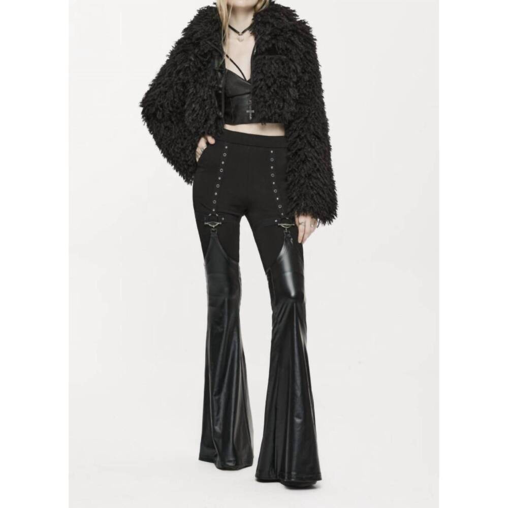NEW PUNK RAVE punk leggings with detachable pu leather leg gaiters in black